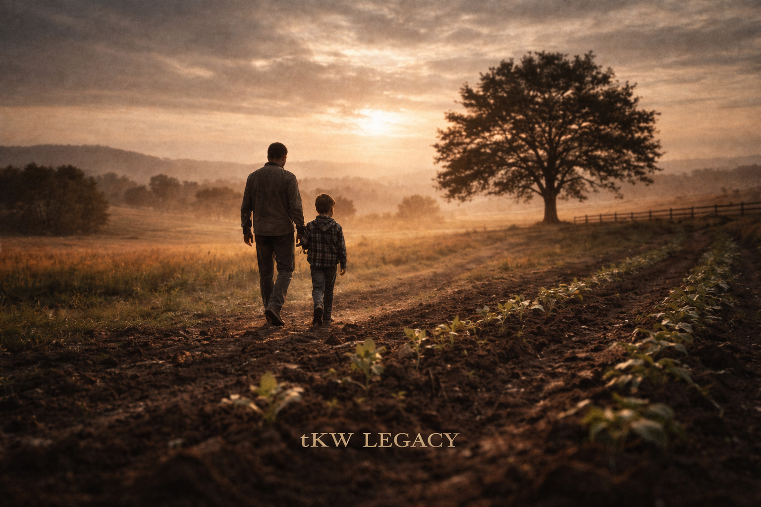 Father and son walking through a field at sunrise, symbolizing generational legacy and formation, with tKW Legacy text at the bottom.