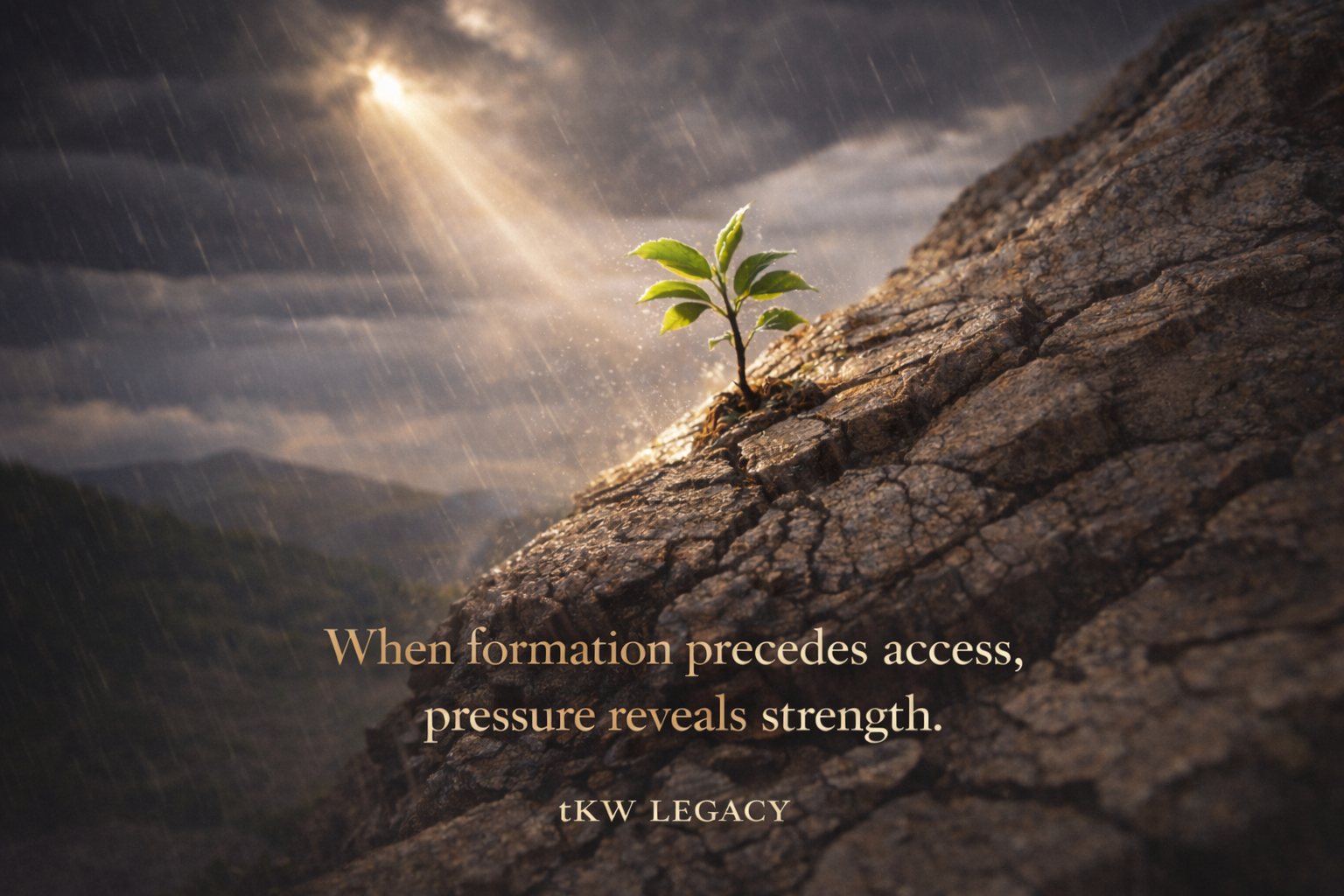 Small green plant growing from cracked rock under sunlight and rain, symbolizing strength revealed through pressure, with formation quote overlay.