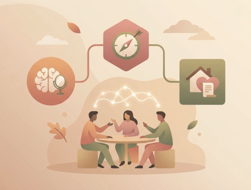 Family discussing goals, values, and their shared mission during a meaningful family summit.