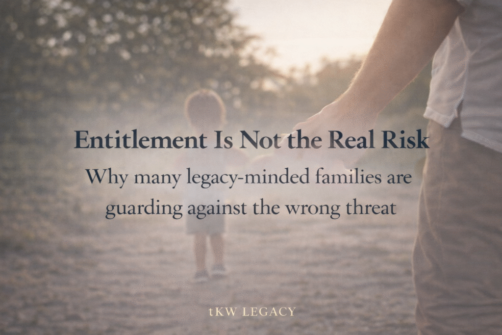 Featured image for tKW Legacy blog titled “Entitlement Is Not the Real Risk,” showing a parent and child walking hand-in-hand on a sunlit path with the subtitle “Why many legacy-minded families are guarding against the wrong threat.”