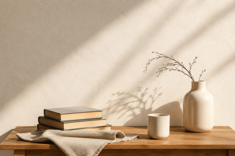 Warm minimalist still life with books, ceramic vase, and cup in soft natural light